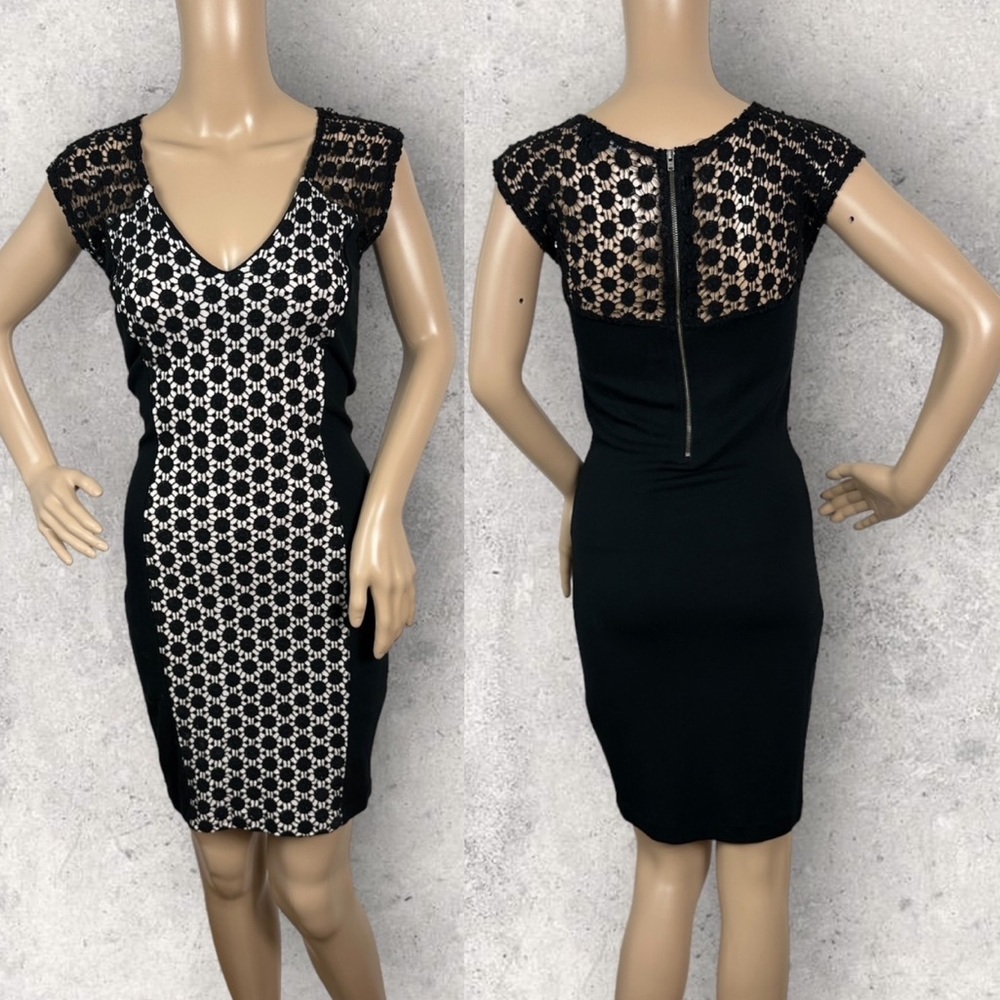 French Connection Midi Dress Size 4 Black White Lace Cap Sleeve Stretch Sheath